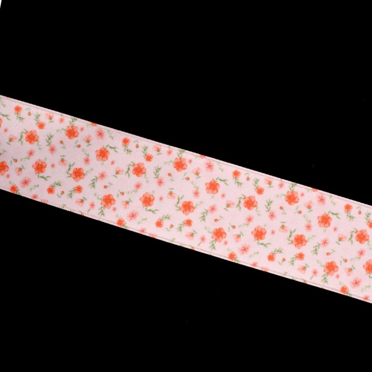 Ribbon Saten / 40mm Flowers Stamped Double Face | Haberdashery Online Pontej